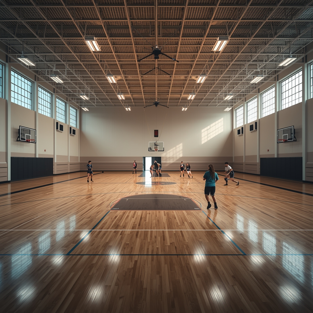 A grand indoor sports complex, polished wooden floors, basketball court, bright stadium lights, students playing, hyper-detailed, Nano Banana2, no woman image